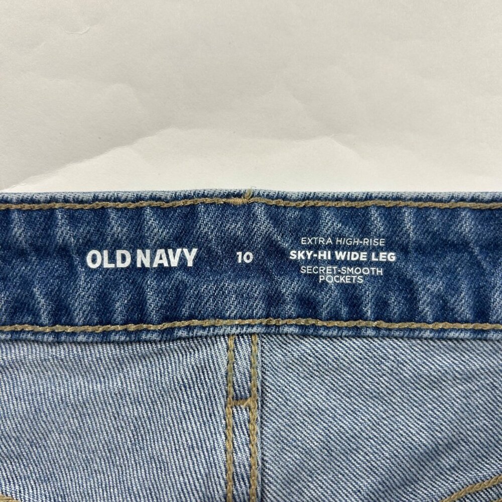 Old Navy Billie Blue Denim Sky Hi Braid Trim Wide Leg Jeans 10 - Picture 3 of 6